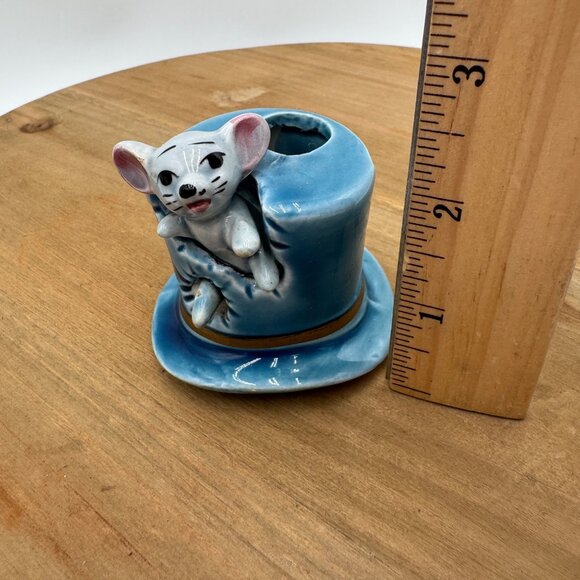 Vintage Mouse in Blue Hat Toothpick Holder Stamped on bottom Japan blue gray - Picture 11 of 12